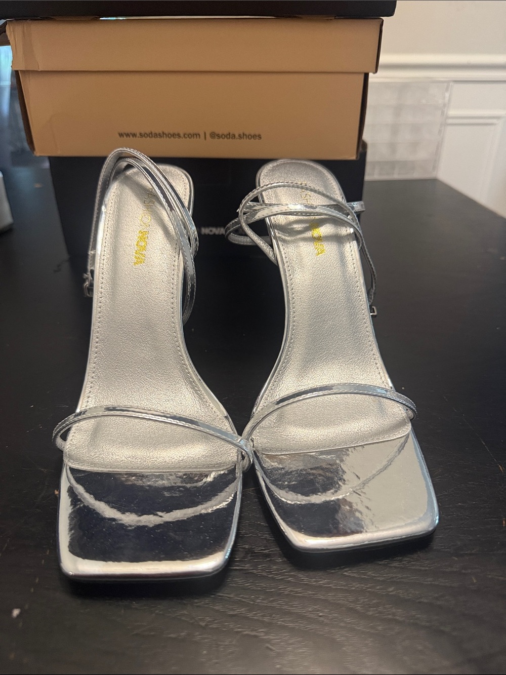 Soda Metallic Silver Strappy Square-Toe Heels